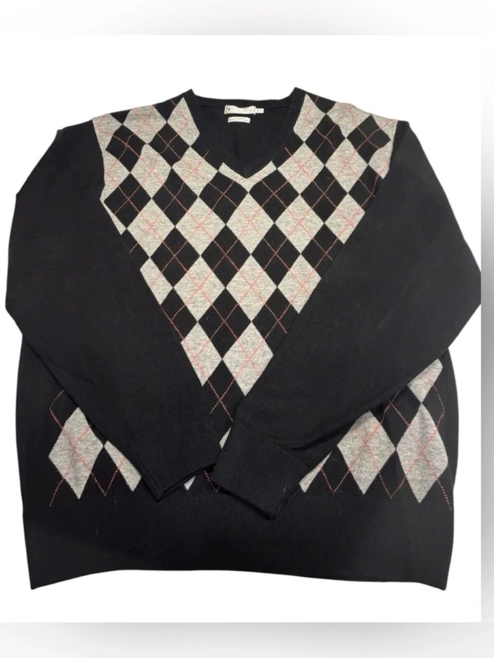 Peter Millar Luxe Blend Wool Cashmere Argyle V-Neck Sweater XL Black Gray Red